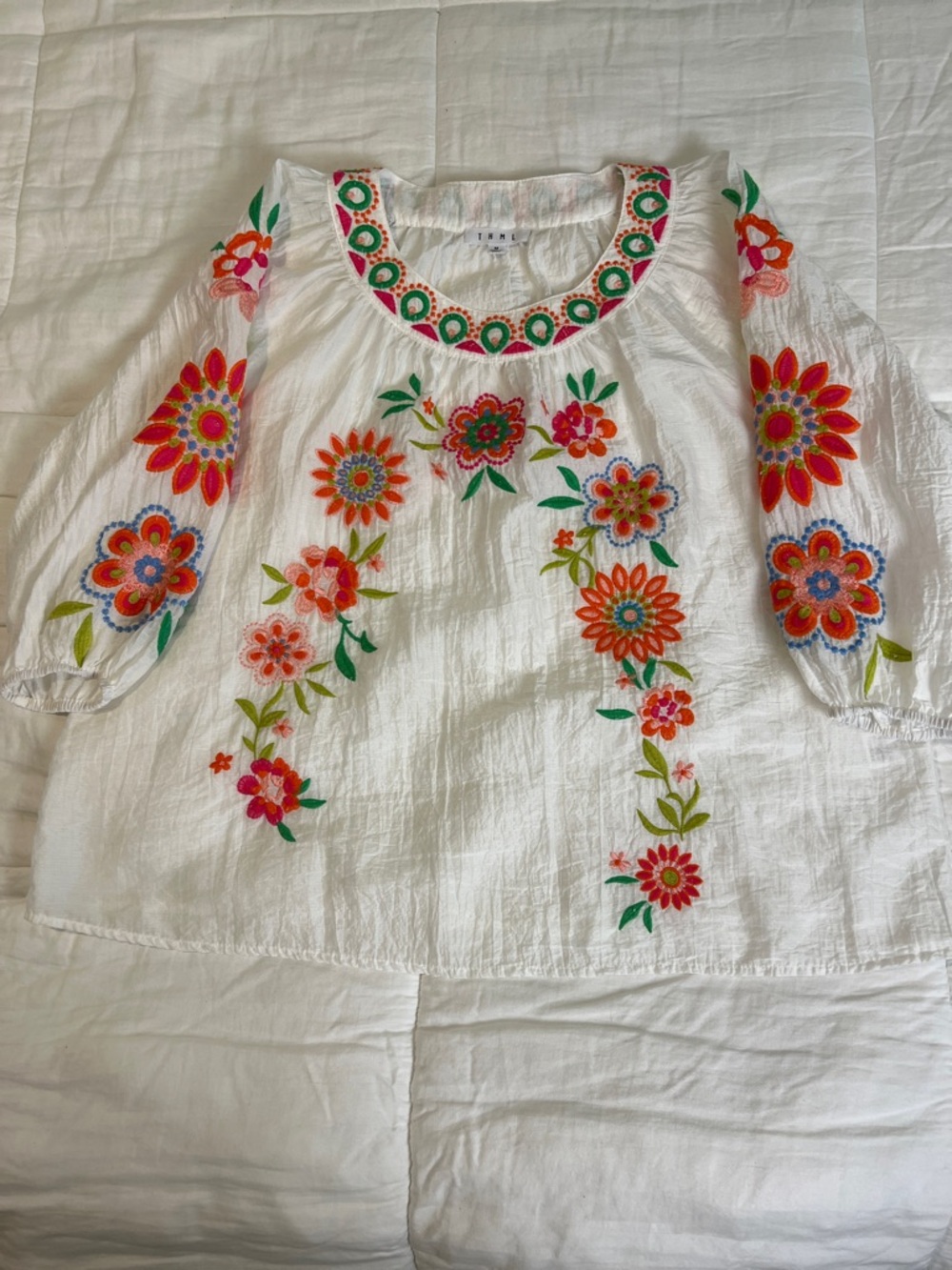 THML Medium White Peasant Blouse with Colorful Floral Embroidery